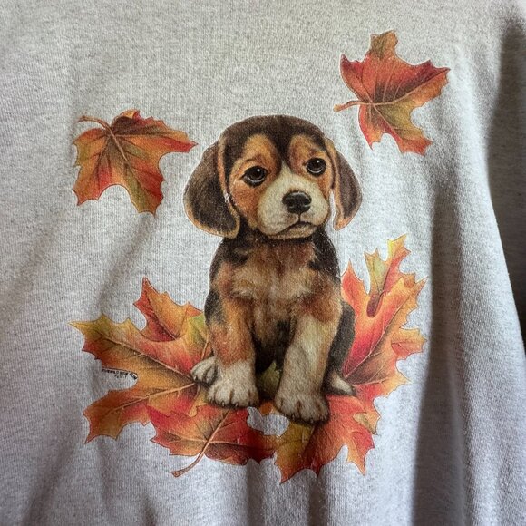 Vintage Women's Large Fall Puppy Sweatshirt Leaves Gray Cut Cropped Sleeve - Picture 3 of 11